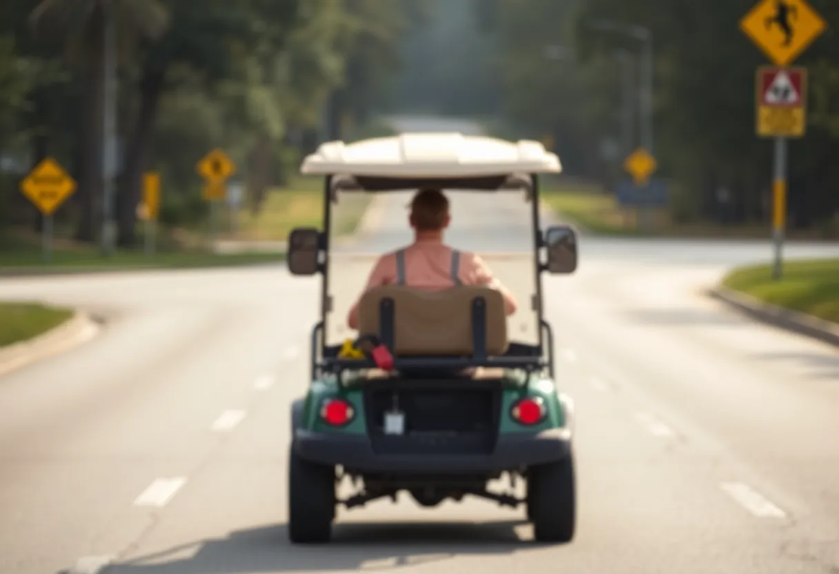 Scene depicting a golf cart on the road with caution signs.
