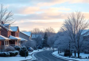 Snow covered trees and houses in Greenville