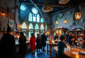 Families enjoying a Harry Potter themed science event with decorations and activities.