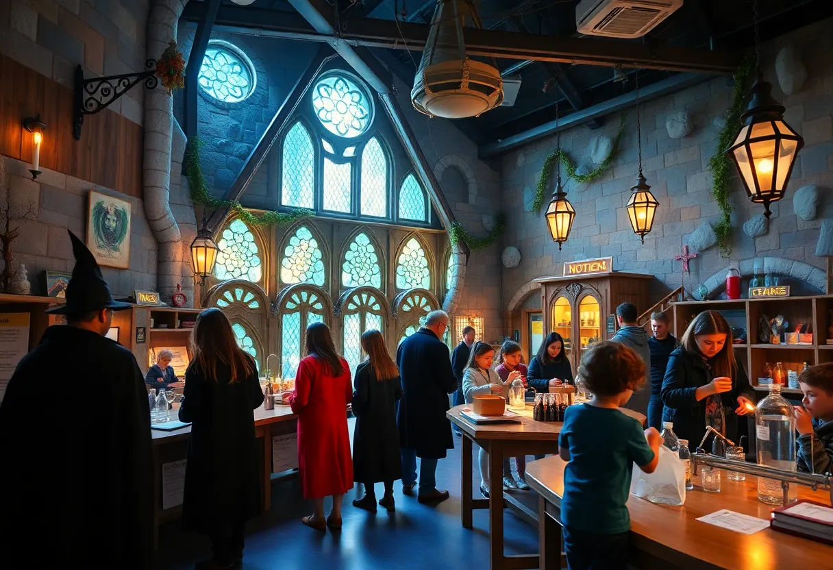 Families enjoying a Harry Potter themed science event with decorations and activities.