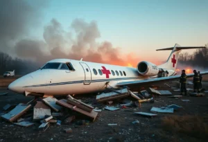 Scene of a medical transport jet crash with emergency responders and debris.