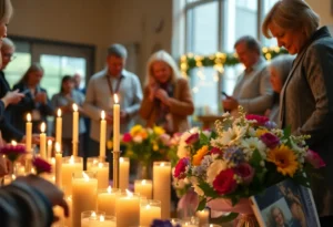 Community members gather to remember Jeanie Dubrouillet with candles and flowers.