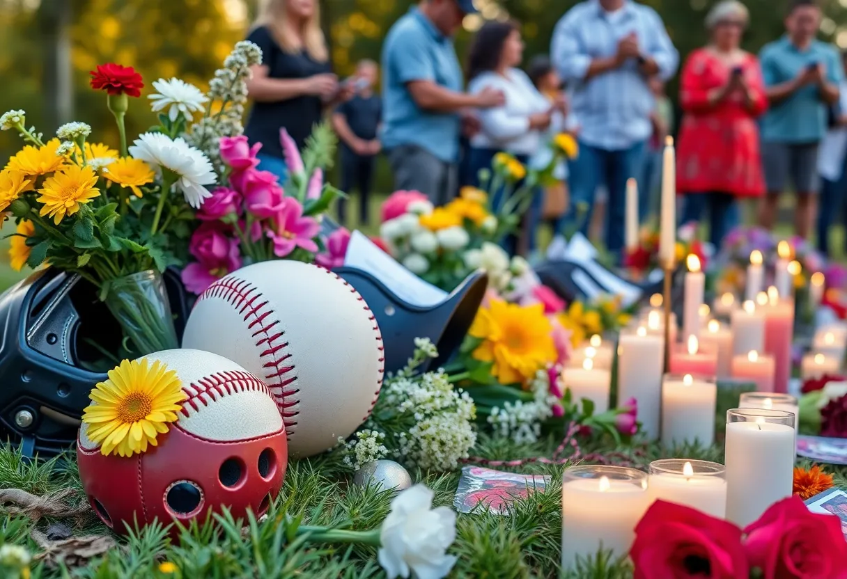 Outdoor memorial honoring a baseball coach with flowers and candles.