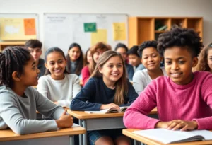 Students in a classroom focusing on learning with mental health support visible.