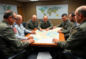 Military officials discussing strategy in a command room