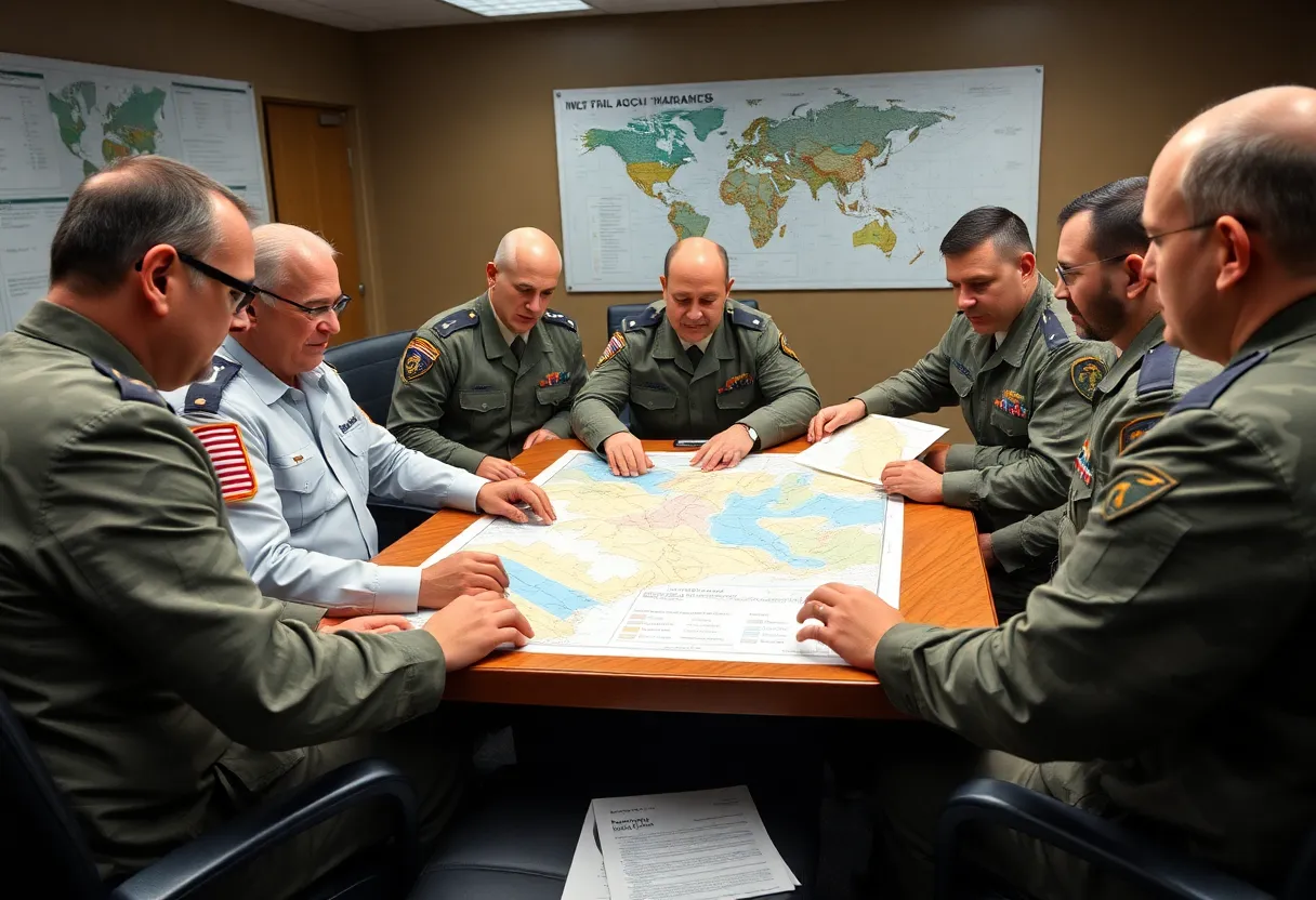 Military officials discussing strategy in a command room