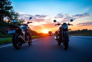 A reflective roadside scene featuring a parked motorcycle and a distant truck, illustrating the importance of road safety.