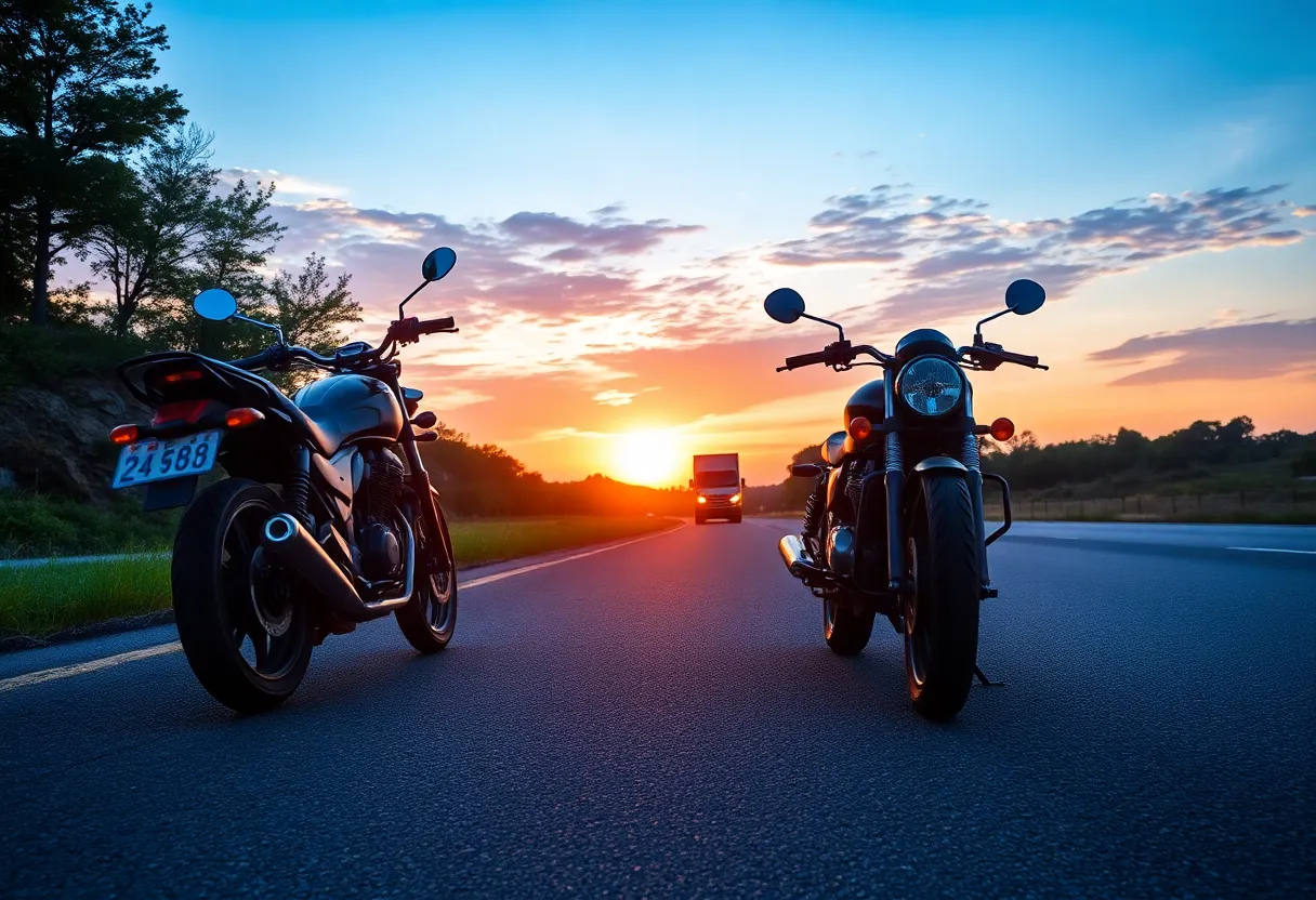 A reflective roadside scene featuring a parked motorcycle and a distant truck, illustrating the importance of road safety.
