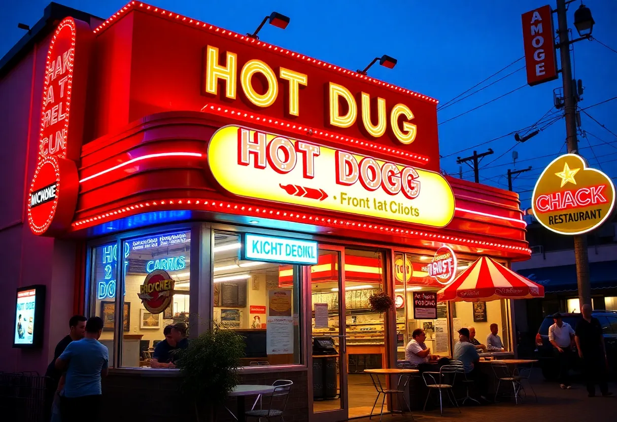 Exterior of Nathan's Famous Hot Dogs restaurant in Rock Hill, SC.