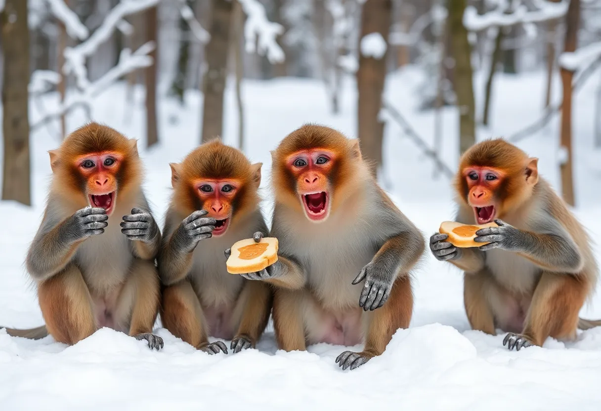Rhesus Macaque Monkeys in Snow