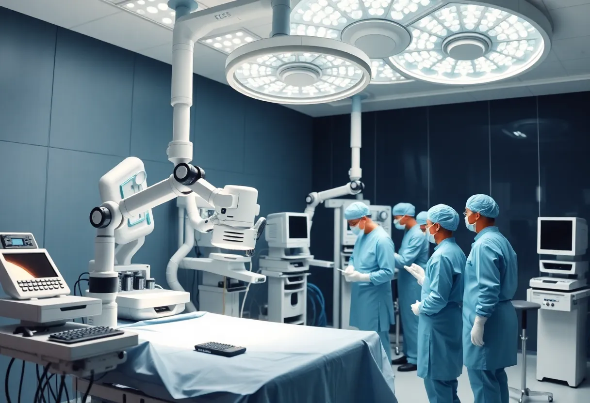Surgeons in a modern operating room using robotic surgical technology.