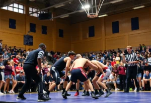 Rock Hill and Chester wrestling teams in action during the state championships.