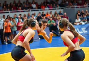 Female wrestlers from Rock Hill High School celebrating their championship victory on the mat.