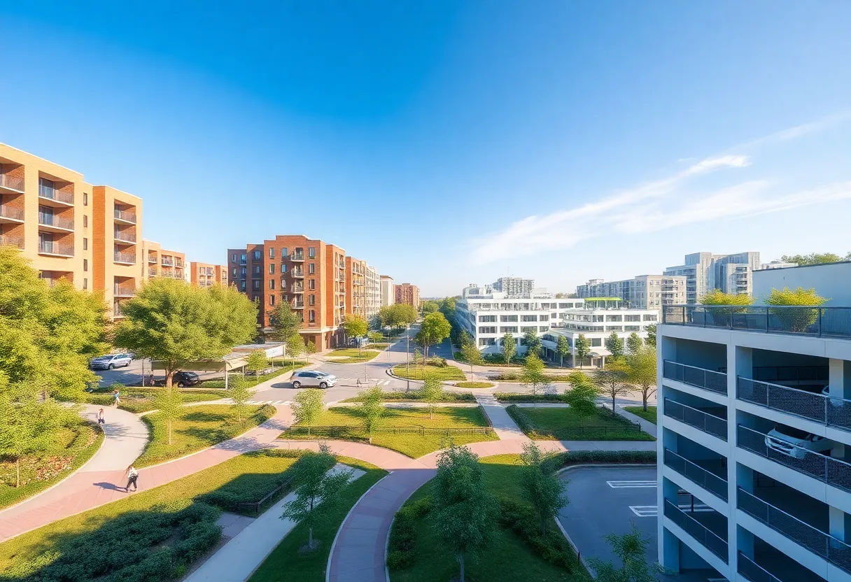 Rendering of Rock Hill redevelopment project with apartments and commercial areas