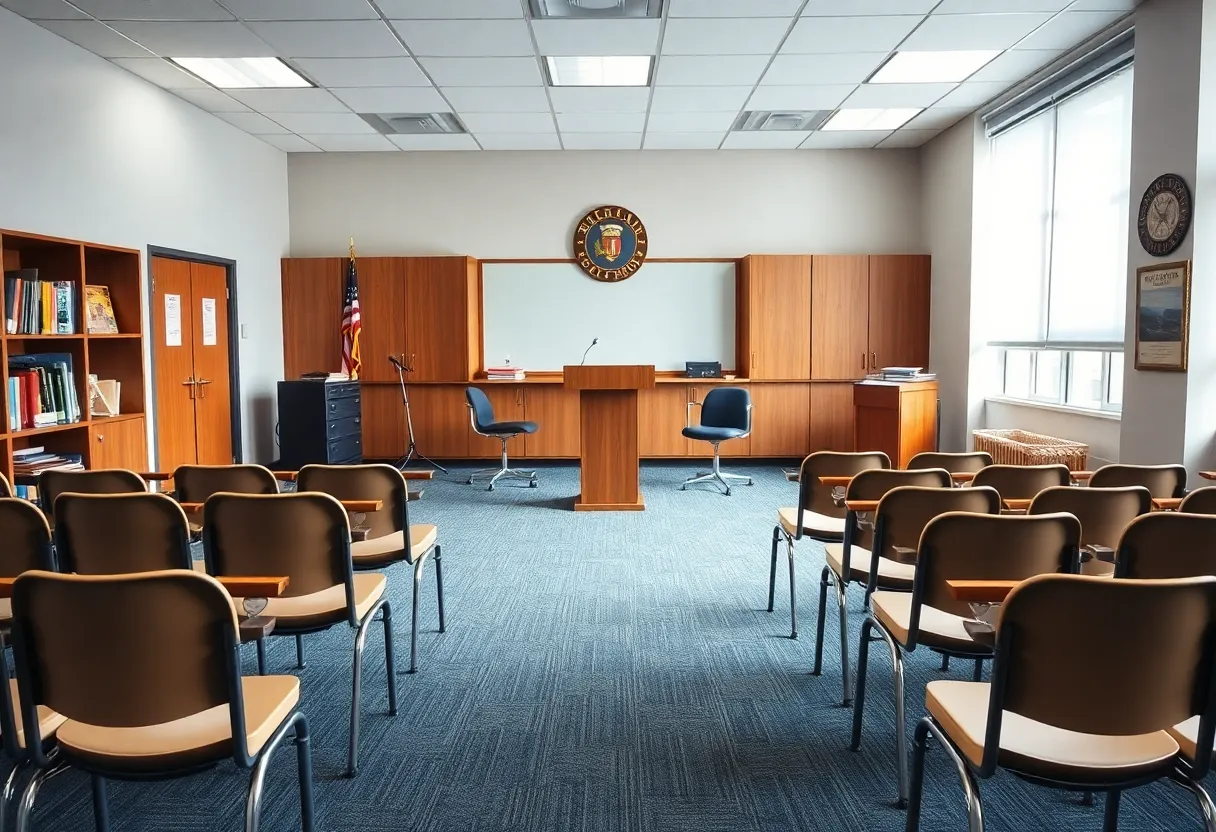 Meeting room for the Rock Hill Schools board with educational materials