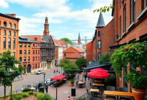 Scenic view of Rock Hill South Carolina highlighting historical buildings and outdoor dining areas.