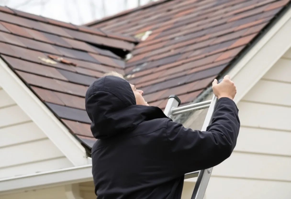 Homeowner inspecting roof for damage