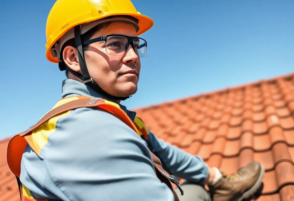 Individual on a roof wearing proper safety gear