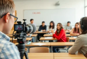Teachers and students in a classroom with recording equipment