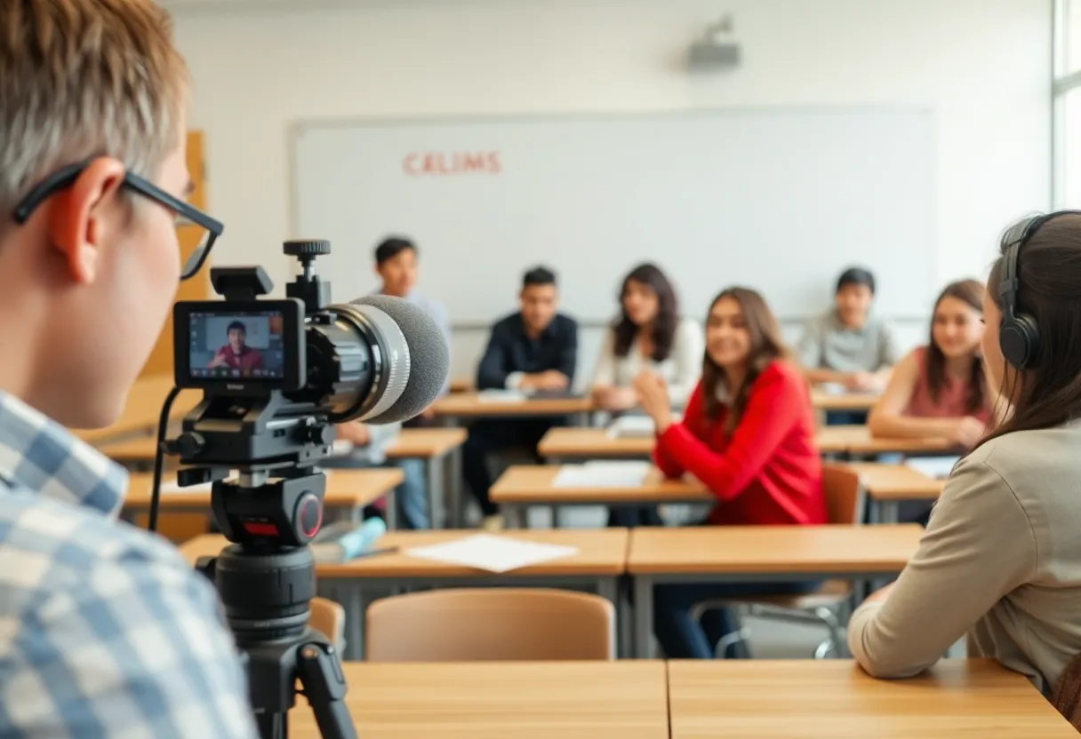 Teachers and students in a classroom with recording equipment