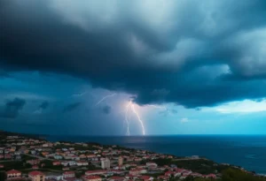 Dramatic storm clouds over Jasper County with lightning
