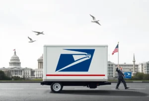Artistic representation of USPS governance with mail delivery theme