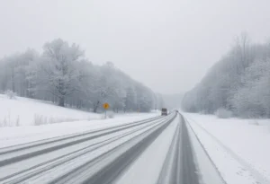 Heavy snow covering trees and a road in Southcentral Pennsylvania during a winter storm.