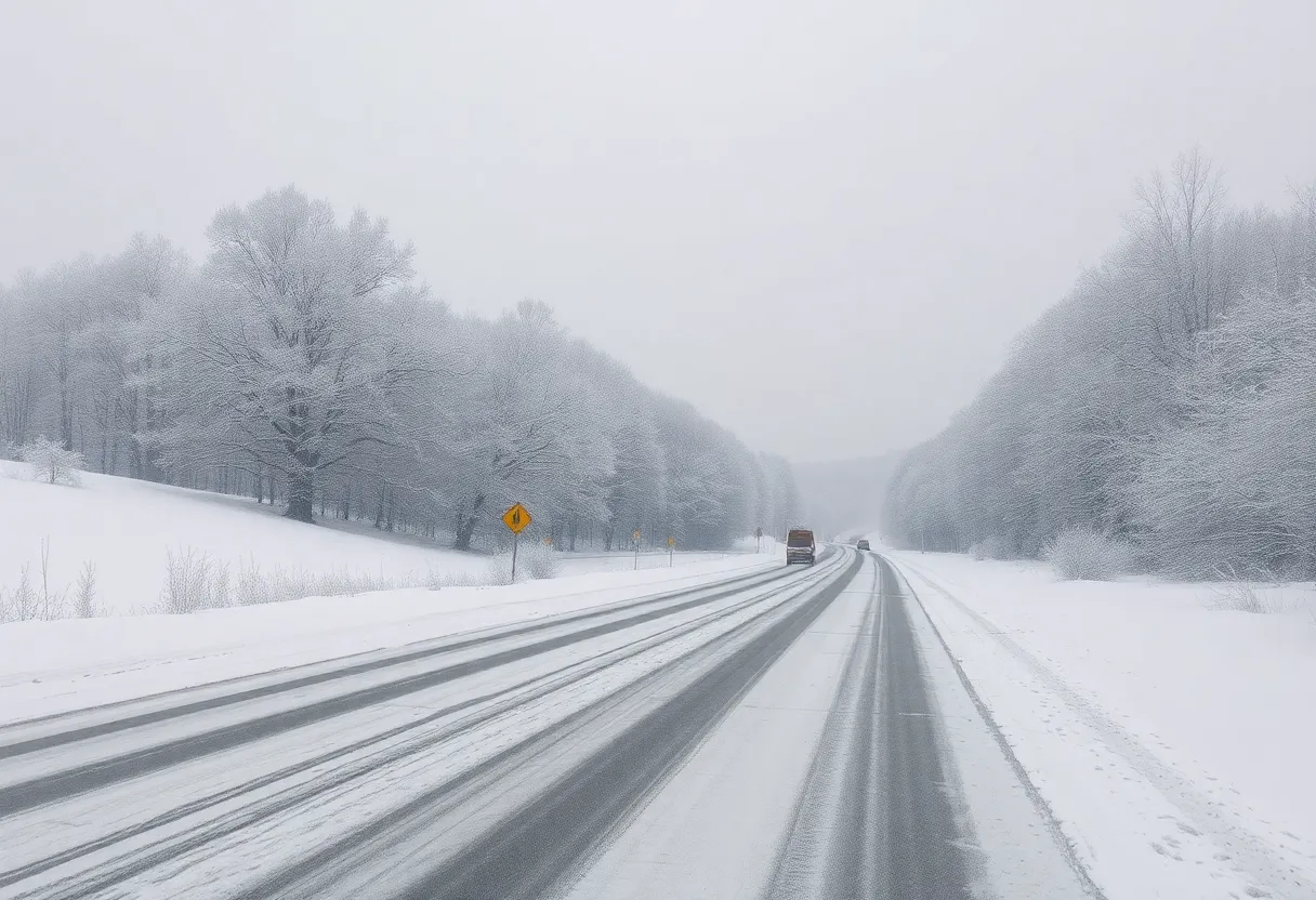 Heavy snow covering trees and a road in Southcentral Pennsylvania during a winter storm.