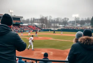 Winthrop University baseball players competing against South Carolina in chilly conditions