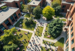 Aerial view of a bustling university campus with diverse students engaged in activities.