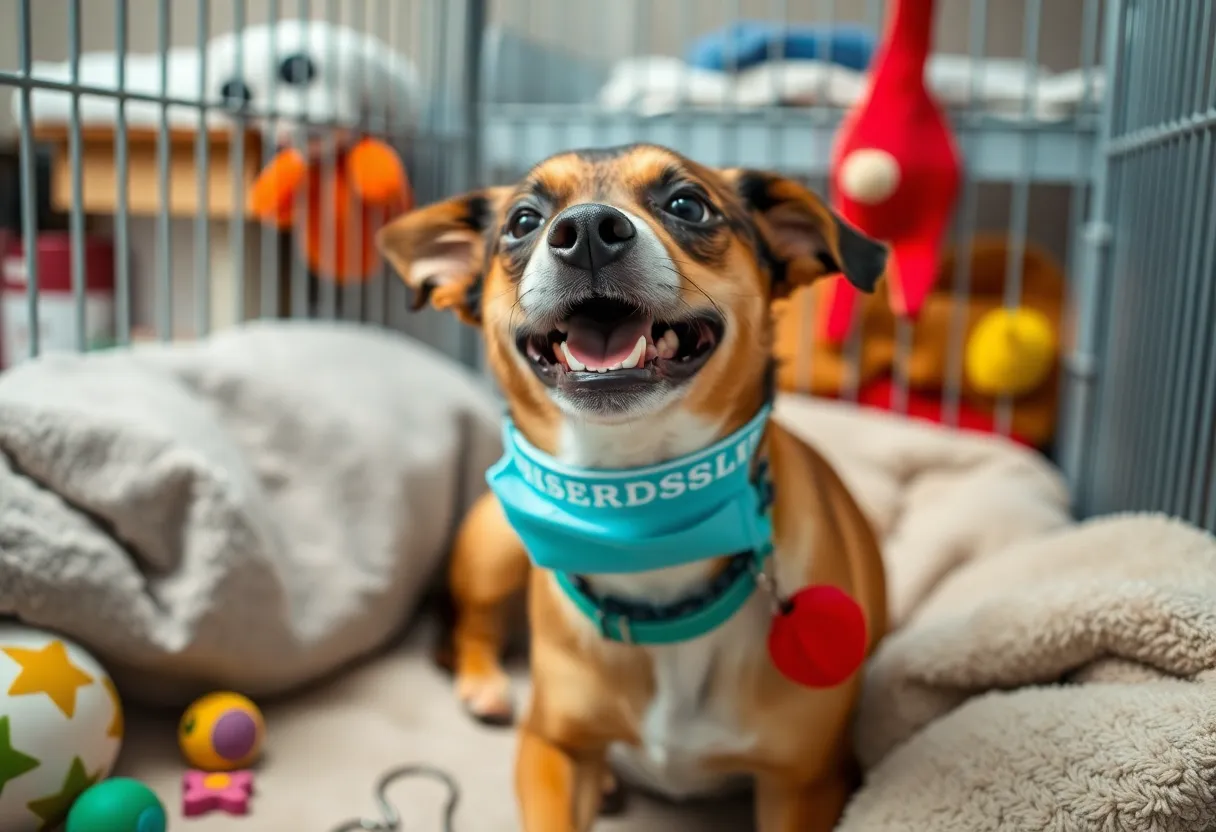 A happy dog in a safe kennel at York County SPCA