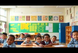 A school building with children outside, representing educational leadership.