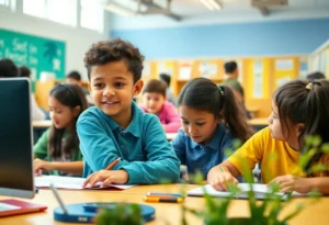 Students engaging in educational activities in a modern classroom