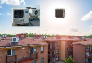 Apartment complexes in Charlotte with problematic air conditioning units under a bright summer sky.