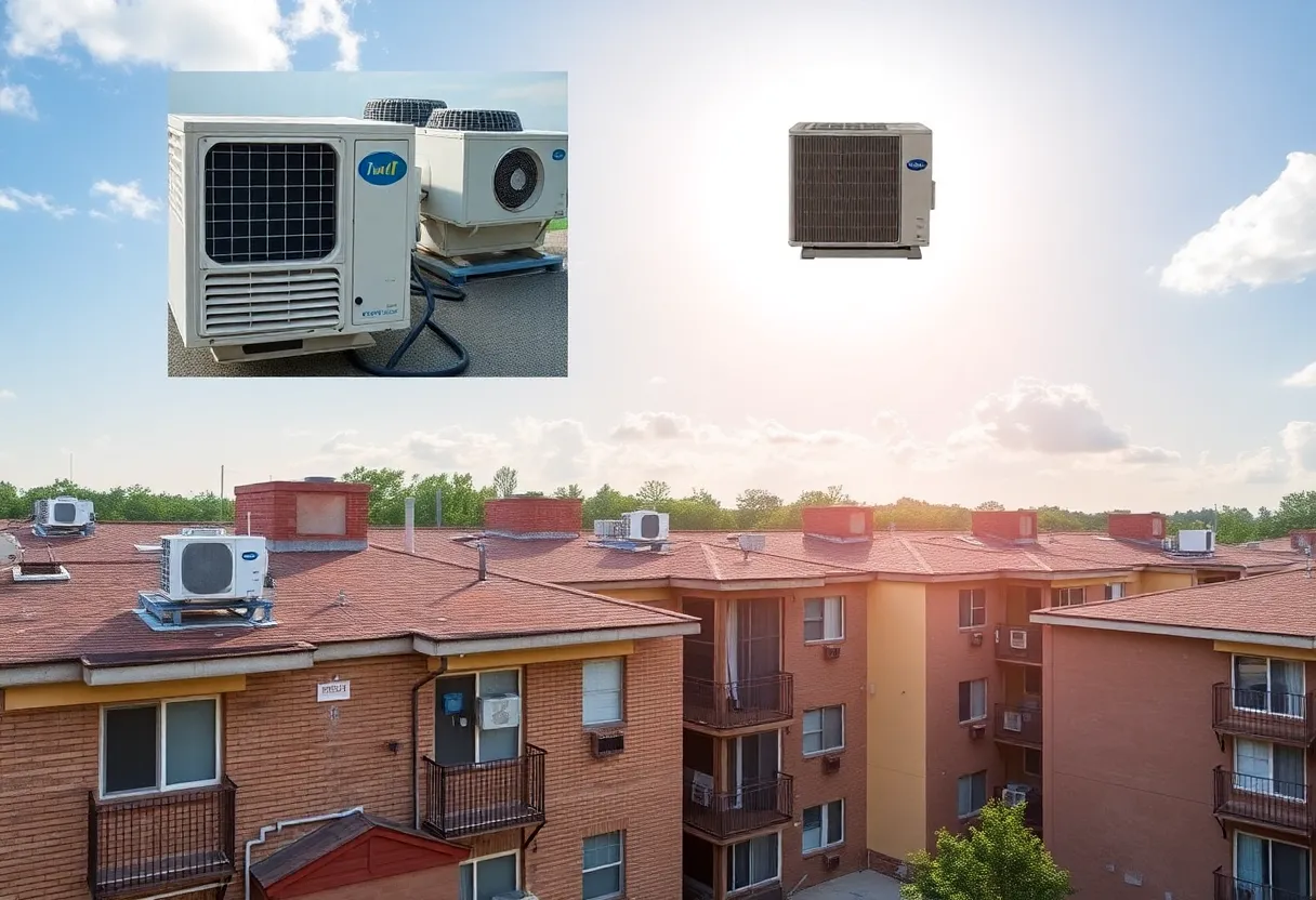 Apartment complexes in Charlotte with problematic air conditioning units under a bright summer sky.
