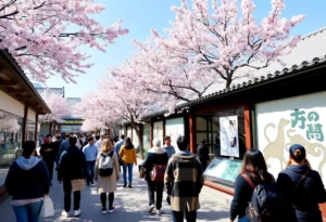 Cherry blossoms in bloom near Smithsonian Museum visitors