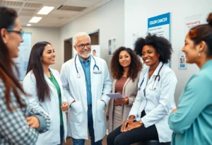 Group discussion on colon cancer screenings at a health clinic