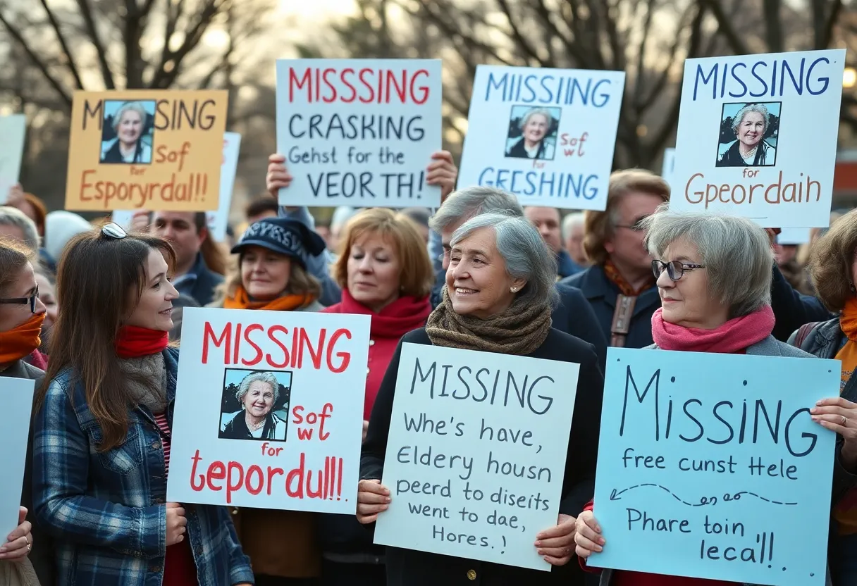 Community members gathering to show support for a missing elderly man.