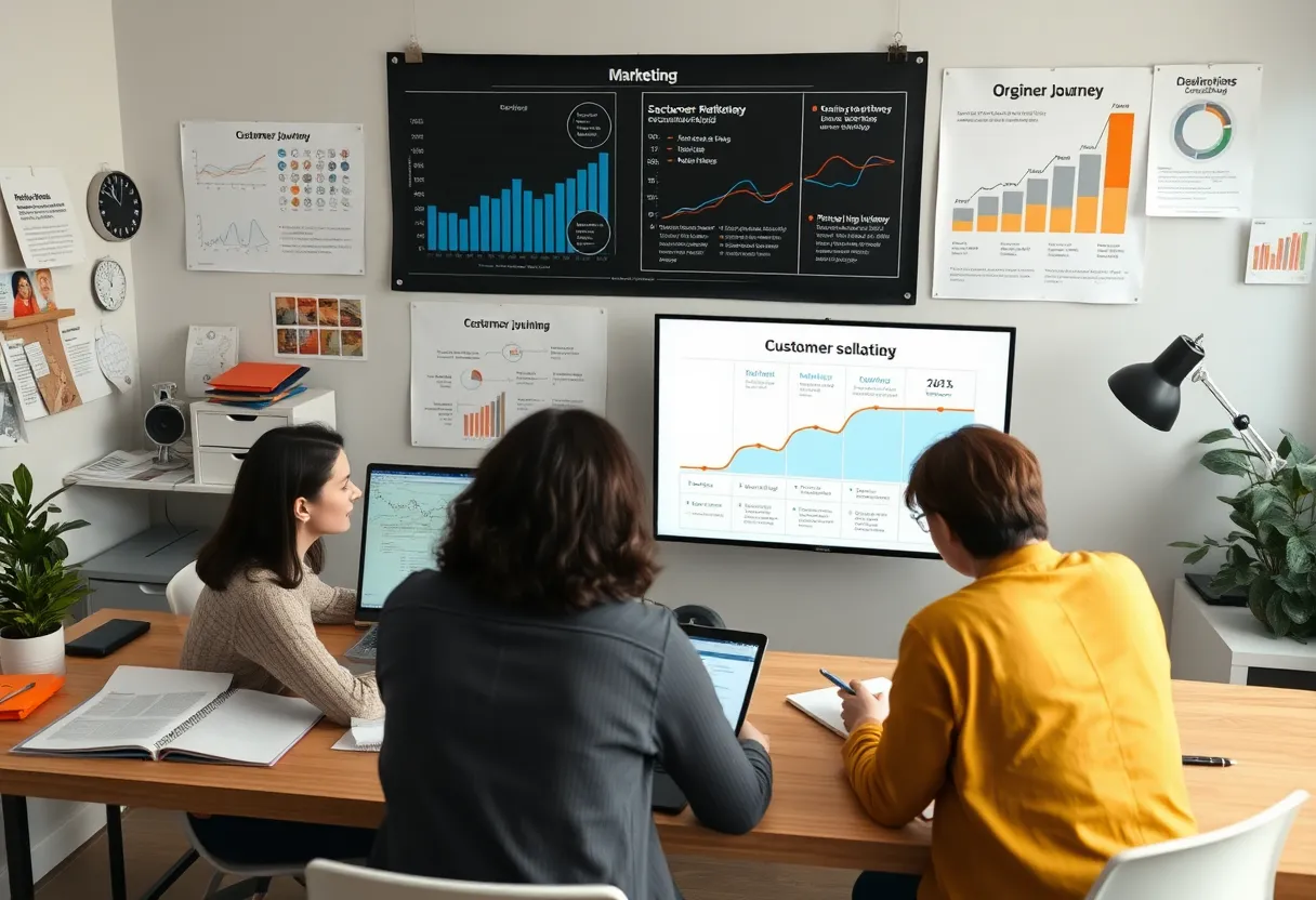Illustration of a digital marketing workspace with tools and customer journey insights.