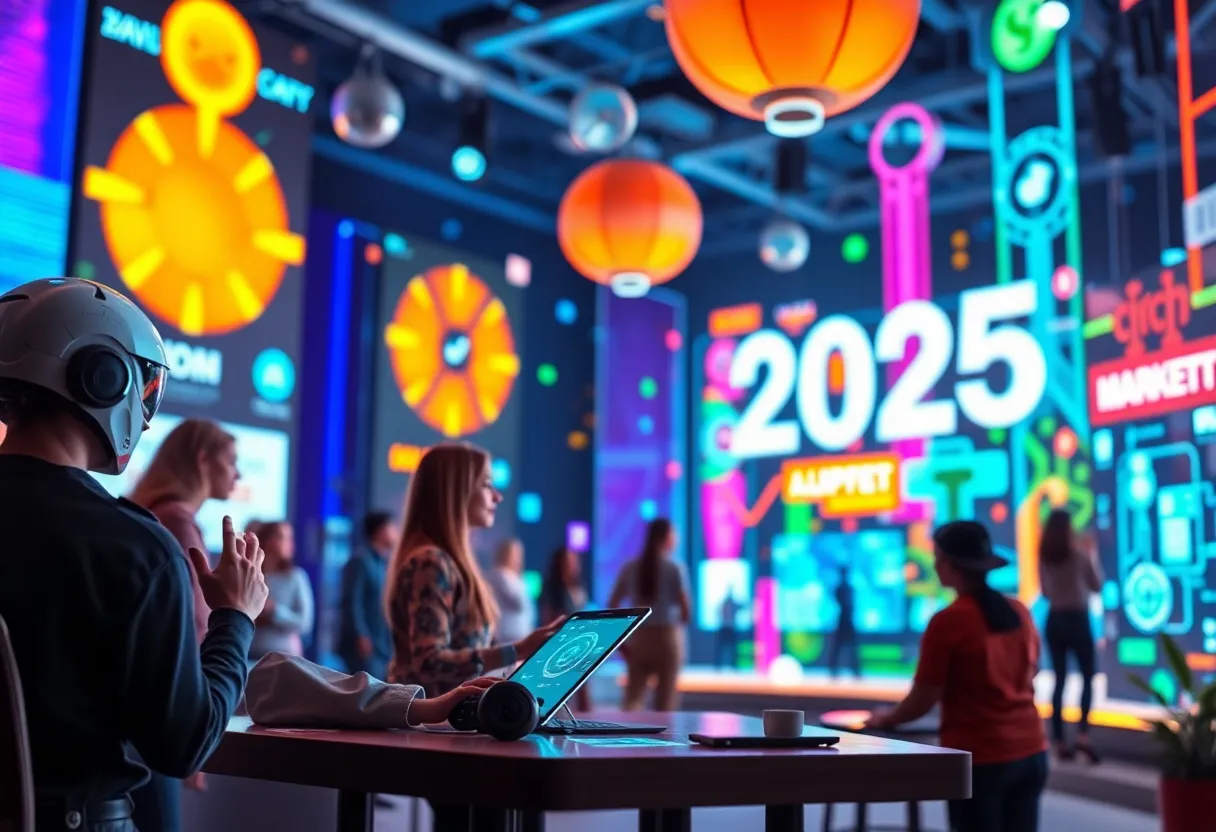 Visual representation of digital marketing trends for 2025 including AI, consumer collaboration, and immersive experiences.