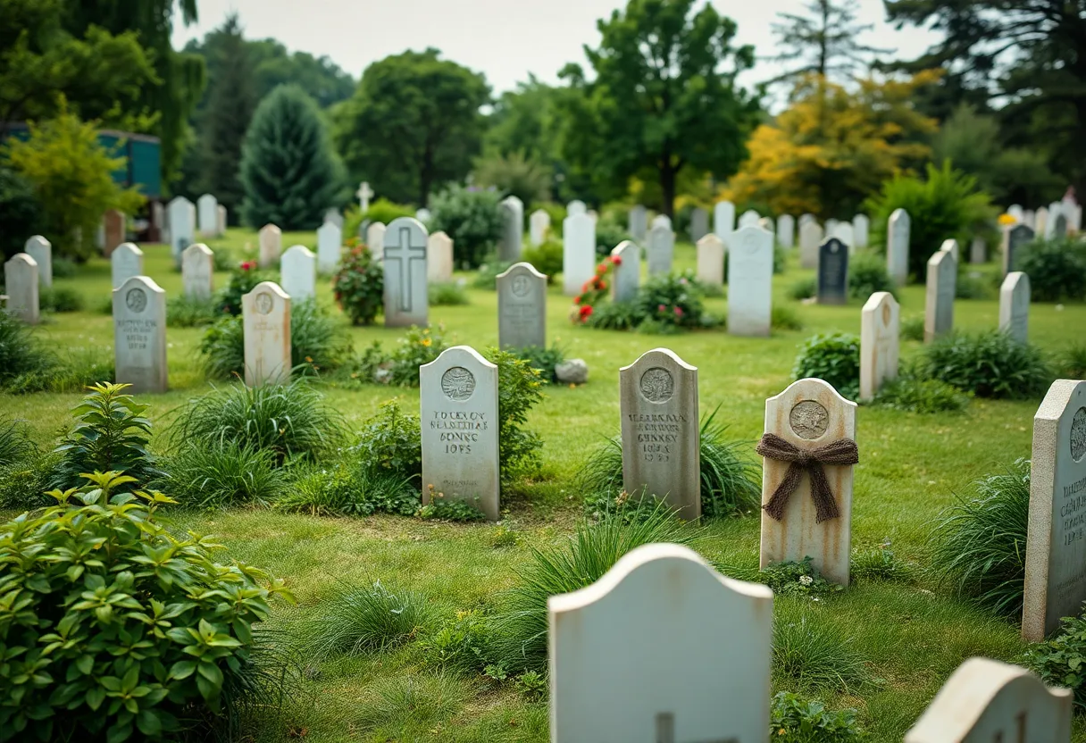 A tranquil scene of the Enslaved Ancestral Burial Ground with headstones.