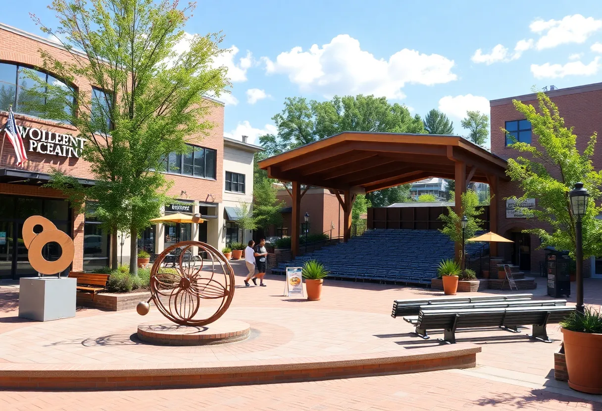 A lively scene in downtown Fort Mill with public art and an amphitheater.