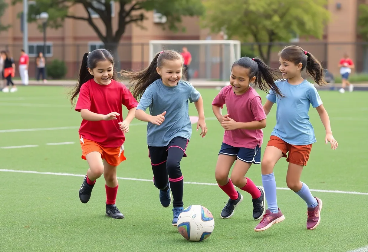 Young girls participating in an all-girls flag football game, displaying teamwork and excitement.