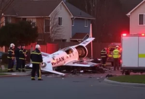 Emergency responders at the site of the Learjet crash