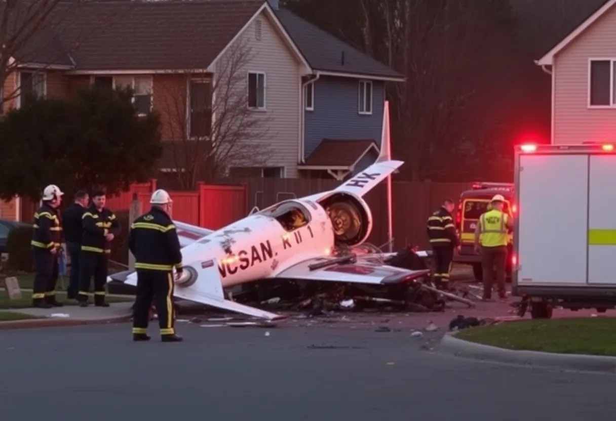 Emergency responders at the site of the Learjet crash