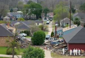 Devastated area in Little Rock, Arkansas after tornado damage