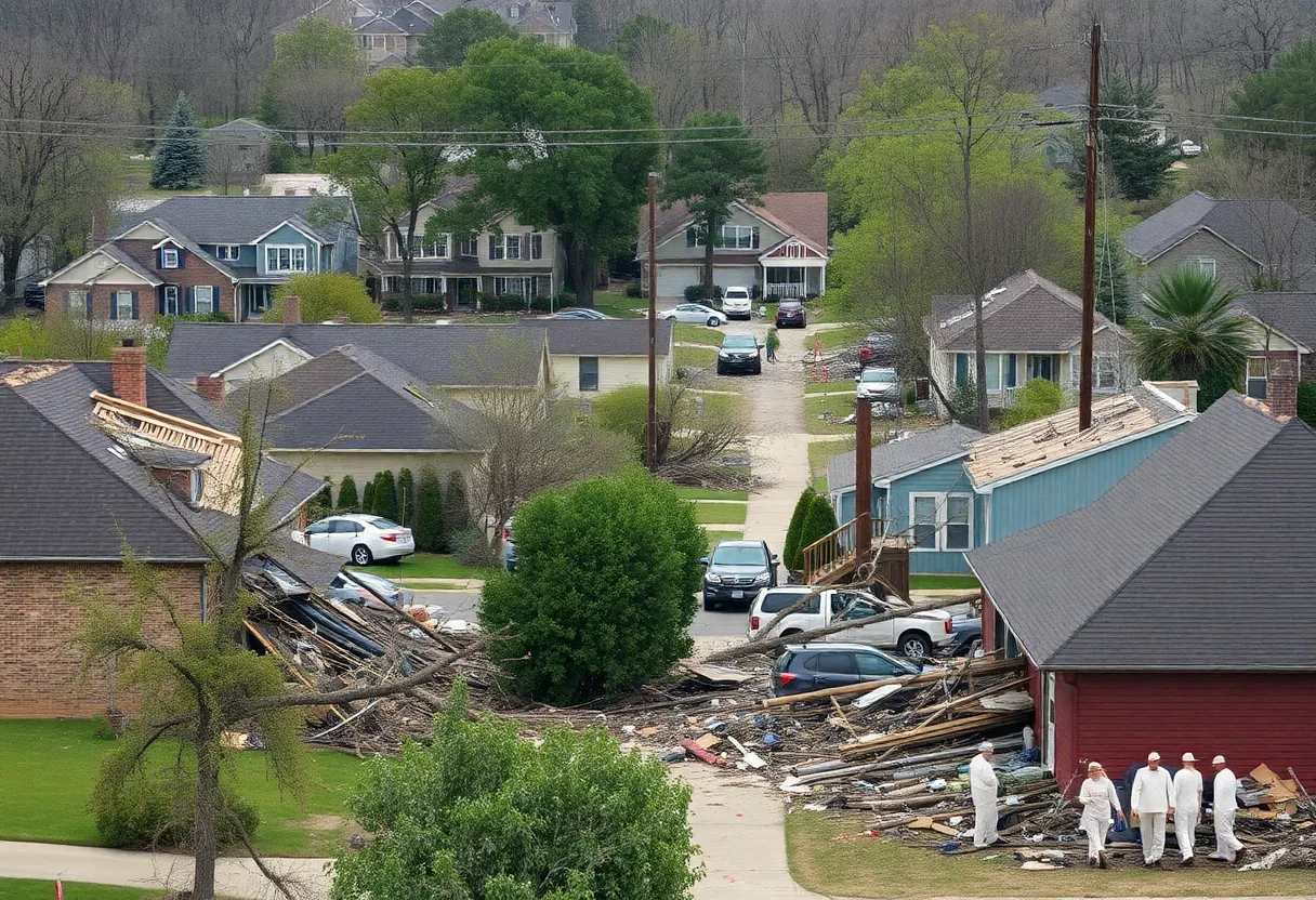 Devastated area in Little Rock, Arkansas after tornado damage