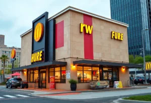 Exterior view of Nathan's Famous restaurant in Rock Hill with drive-thru.