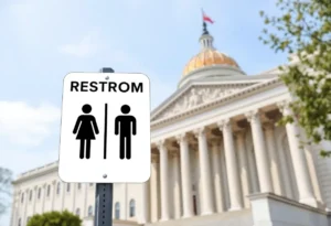 Illustration of restroom signs and a legislative building regarding NC Senate Bill 516