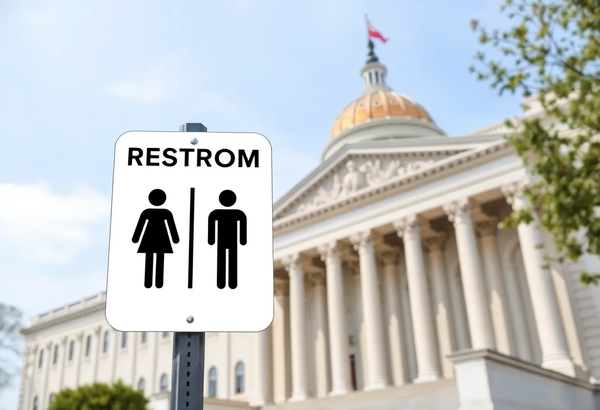 Illustration of restroom signs and a legislative building regarding NC Senate Bill 516